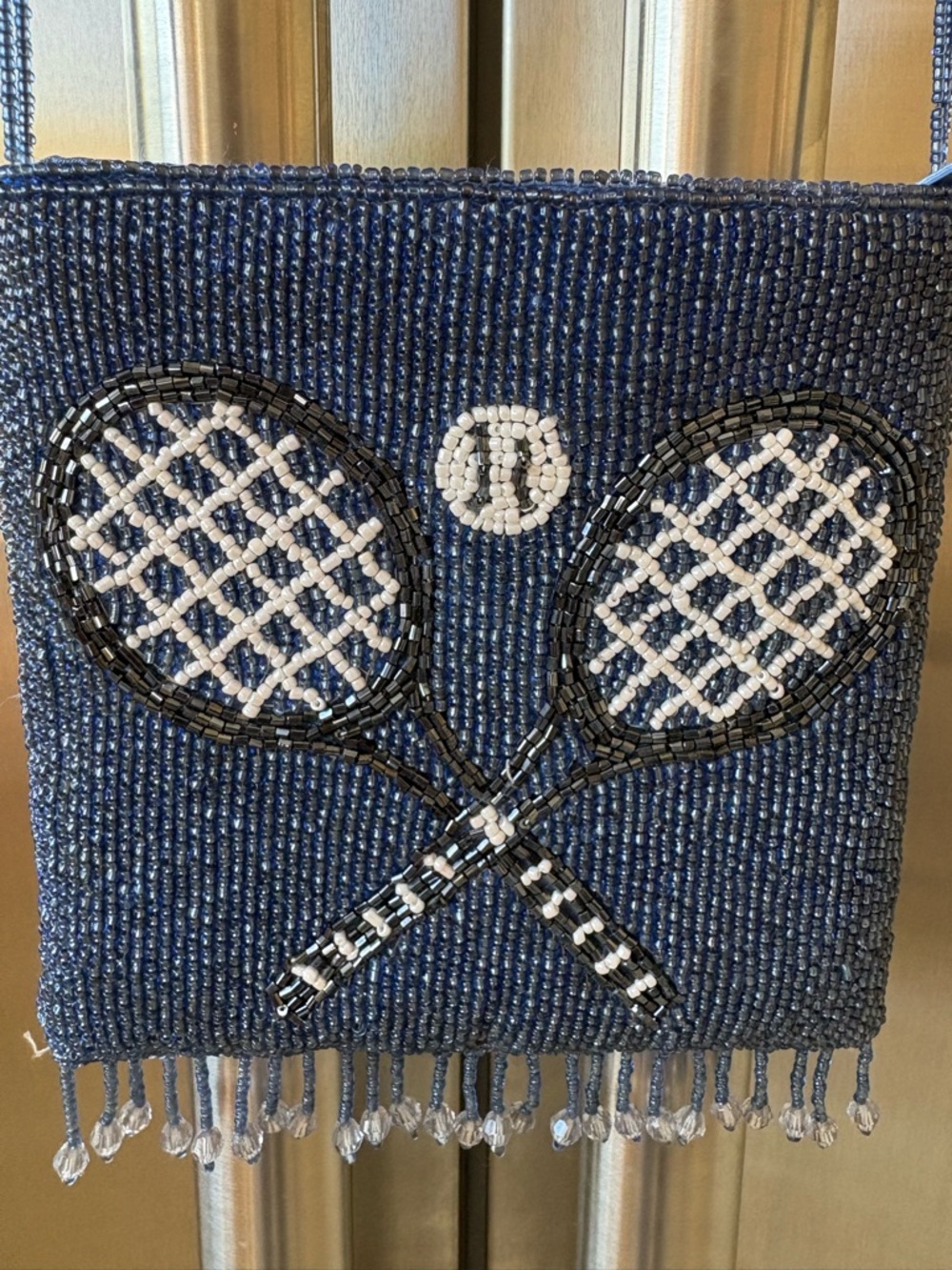 Beaded Navy Tennis Racket Crossbody Bag - Picture 2 of 4